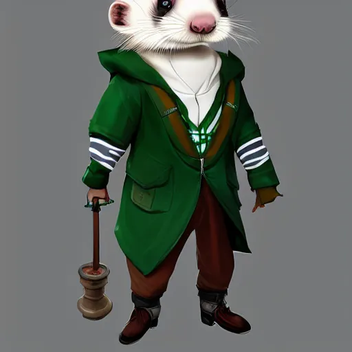 Image similar to a anthropomorphic ferret is dressed as a hogwarts student in slytherin robes, hyperdetailed, artstation, cgsociety, 8 k