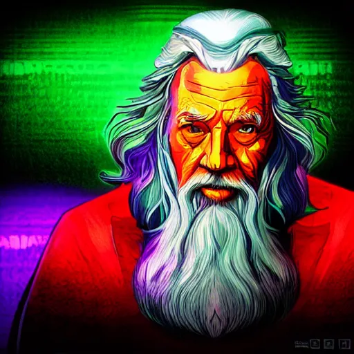 Image similar to Gandalf the Neon, vector art, artstation