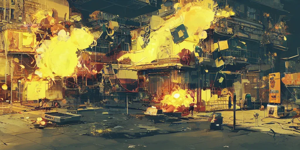 Prompt: a computer exploding, a mouse is rioting, a chicken is cooking, a cardboard box is filled with oranges, dramatic masterpiece digital painting by Beeple, James Jean, Jamie Hewlett, Metal Slug concept art, Metal Gear Solid concept art, Silent Hill concept art, 4k wallpaper, surrealism