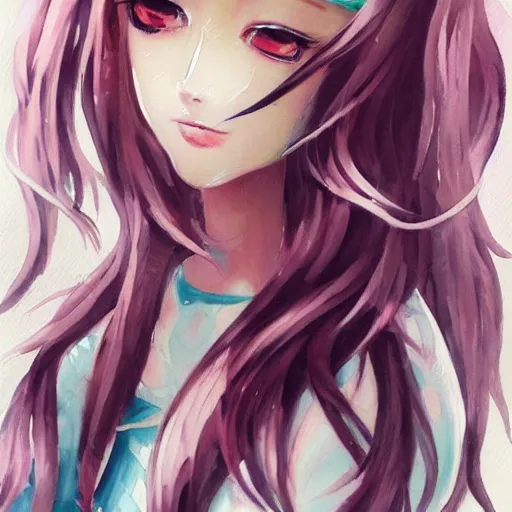 Image similar to oil WATERCOLOR painting of a beautiful pretty pure kawaii cute lovely innocent elegant hot nice sweet girly feminine long hair anime ELF waifu sister girl Trending on Pixiv