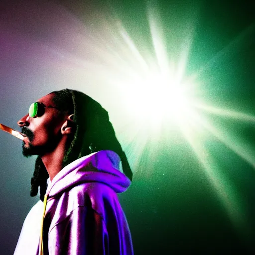 Image similar to a dramatic photograph of snoop dog smoking a joint in an infinite universe while crossing the mystical portal to the beyond, ground haze, dramatic lighting, filmic, cinematographic, sci - fi