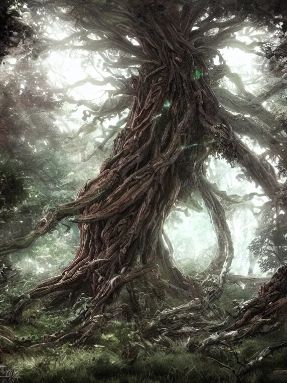 Prompt: massive tree in the woods, entangling branches, final fantasy style, highly detailed, digital art, sharp focus, trending on art station, warhammer fantasy,