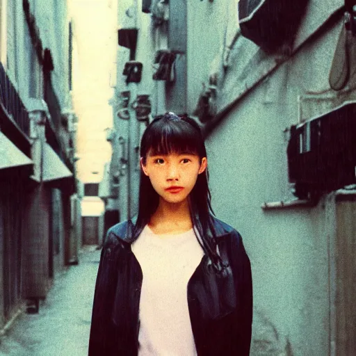 Image similar to 1990s perfect 8K HD professional cinematic photo of close-up japanese schoolgirl posing in sci-fi dystopian alleyway at morning during rain, at instagram, Behance, Adobe Lightroom, with instagram filters, depth of field, taken with polaroid kodak portra