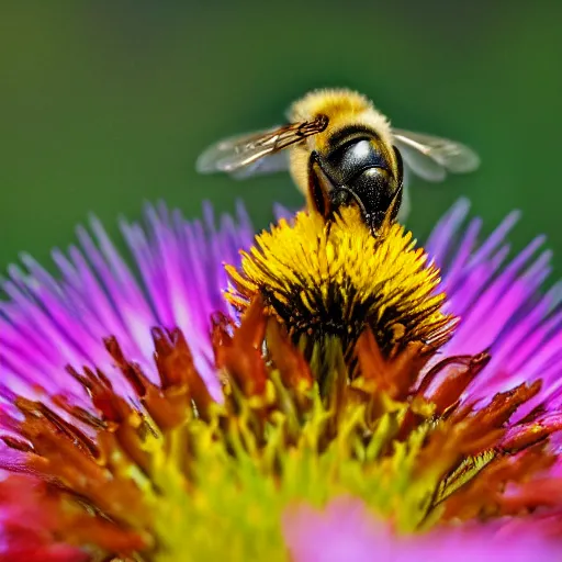 Image similar to a bee landing on a flower in a forest on fire, there is fire everywhere, macro photography, ambient light