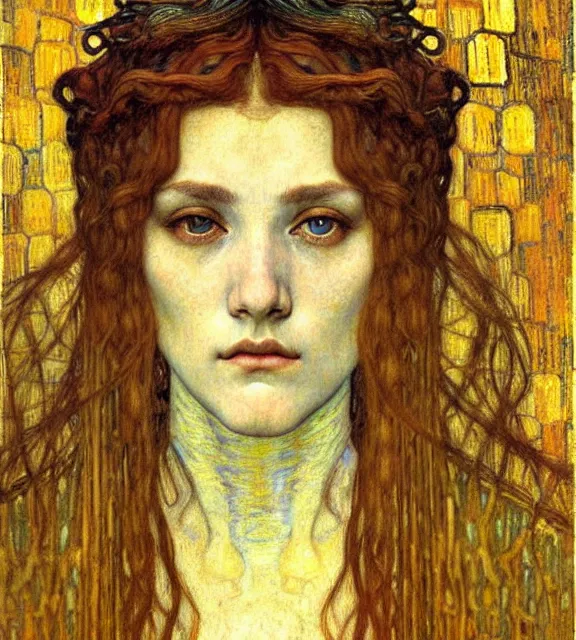 Image similar to detailed realistic beautiful young medieval queen face portrait by jean delville, gustav klimt and vincent van gogh, art nouveau, symbolist, visionary, gothic, pre - raphaelite, muted earthy colors, desaturated