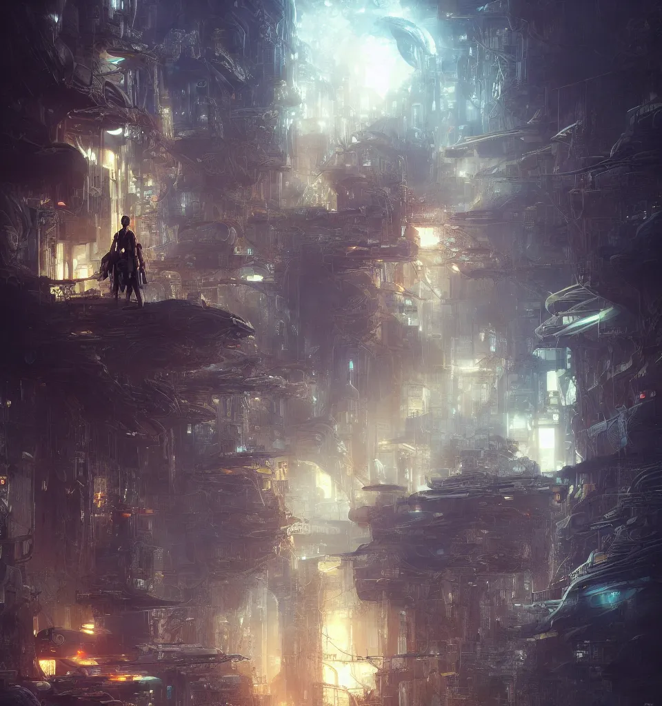 Image similar to small cybernetic traveler, cinematic, highly detailed, octane render, cg, rich cinematic atmosphere, perfect digital art, mystical journey in strange world, Mystical, cyberpunk, sci-fi, surreal, glowing lights, sharp focus, high detailed, by Akihiko Yoshida, michael whelan and Karol Bak