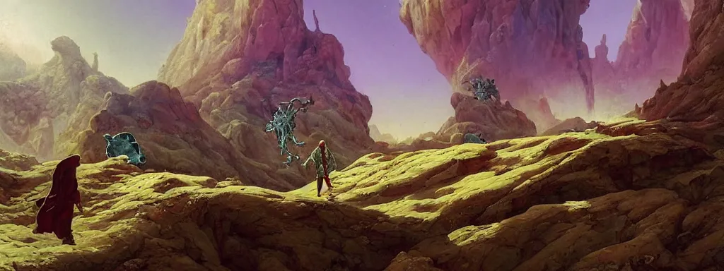 Prompt: A fresco painting of a nomadic wanderer traversing a corrupted futuristic crystal desert by Jacek Yurka, Kelly Freas, Filip Hodas, Paul Lehr, Dan Mumford, Max Ernst, Roger Dean, Caspar David Friedrich, Barclay Shaw