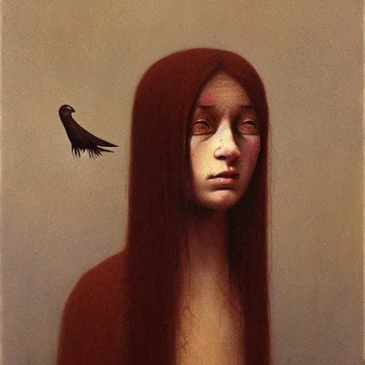 Prompt: young girl with a crow's head , painting by Beksinski