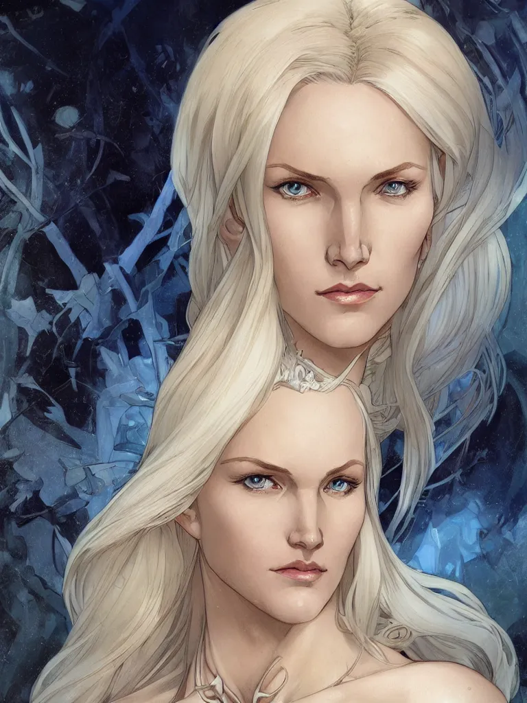 Image similar to portrait of emma frost, a beautiful woman in her 3 0 s, with white blonde hair and blue eyes, symmetrical face, detailed face, delicate features, smooth, sharp focus, illustration, art by artgerm and greg rutkowski and alphonse mucha,