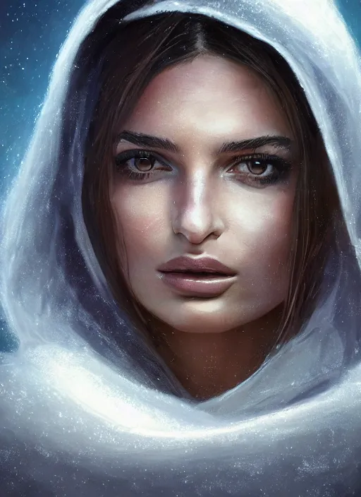 Image similar to detailed portrait of Emily Ratajkowski wearing a cloak over her head, eyes sparkling with starlight a halo of shimmering color around her, the moon in the background, by Jason Jenicke and Jeremy Mann, intricate, beautiful, stylized, detailed, realistic, loose brush strokes, celestial, enduring, captivating, Artstation