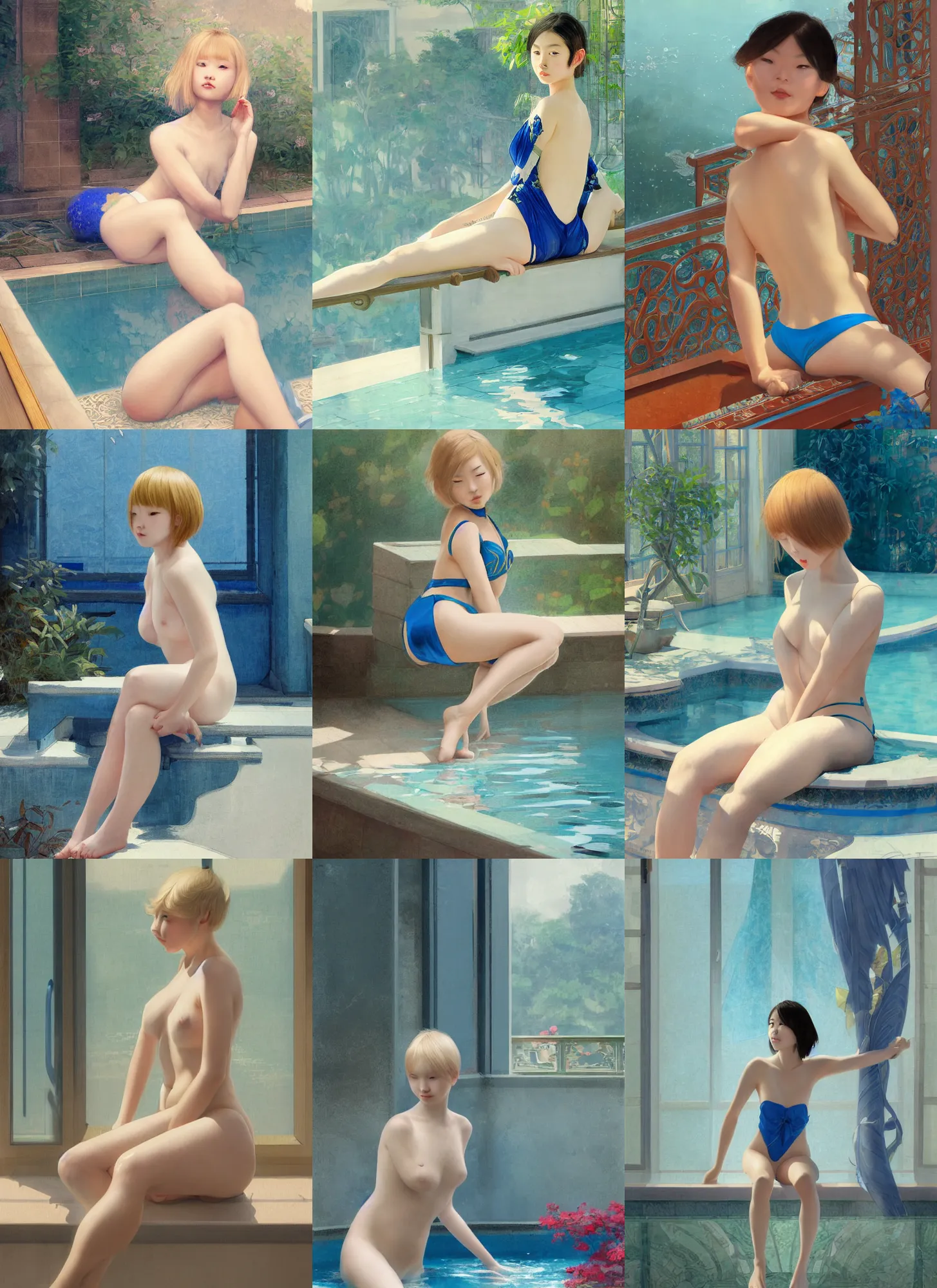 Prompt: young asian girl, short blond hair, sit on the edge of swimming pool, blue bikini, indoor, bay window, art nouveau, intricate, elegant, digital painting, highly detailed, artstation, sharp focus, illustration, ruan jia, rutkowski