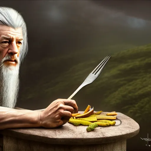 Prompt: A beautiful hyper realistic ultra detailed lifelike matte painting of Nathan Fillion as Gandalf the grey casting a fork spell in apiary, unreal engine, deviantart, flickr, artstation, octane render, textured, colorful, extreme realistic detail, physically based rendering, pbr render, very detailed, volumetric lighting, detailed lighting, octane render, 4k, cinematic lighting, 8k resolution