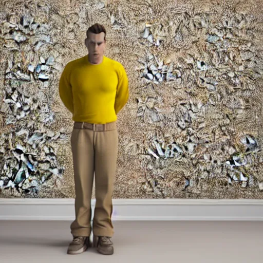 Prompt: 3 d render of jerma 9 8 5, jerma, in a liminal space, non - euclidean space, worn mono - yellow wallpaper, old moist carpet, inconsistently - placed fluorescent lighting, high octane, blender, 3 d render