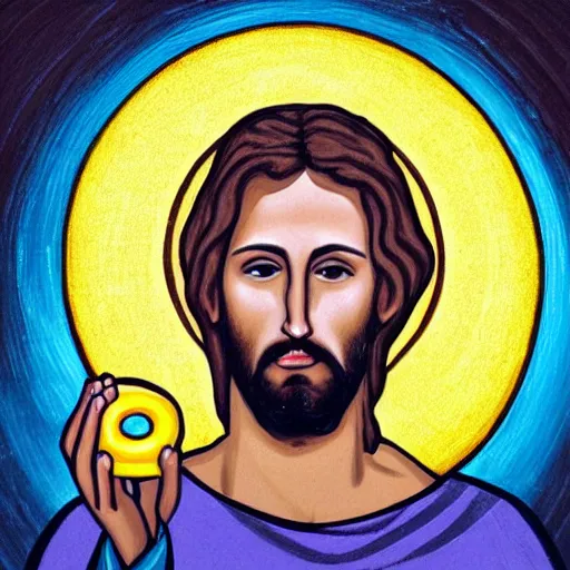 Image similar to jesus with a yellow donut on top of his head