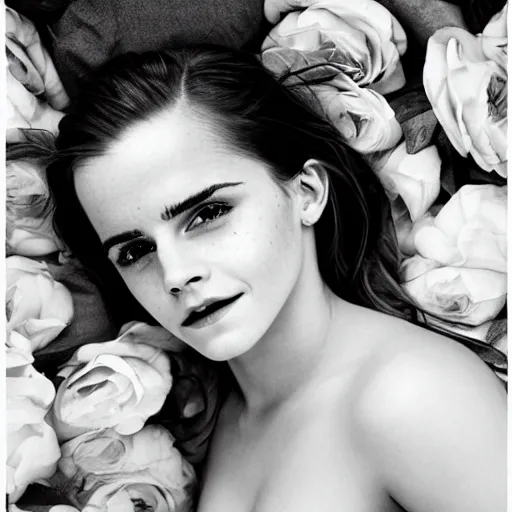 Image similar to emma watson photo in the style of sam haskins, on the bed around the flowers