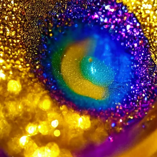 Image similar to a wet swirling mixture of gold paint and very colorful colored pigment particles glitter suspended in a turbulent liquid, captured in slow motion, crystal clear focus, macro photography lens closeup, slow-motion pour, dumpedpaint glittery, shimmering, speculars