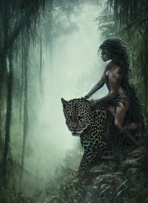 Image similar to a portrait of a very beautiful cute tribal woman riding a mutated jaguar in a post apocalyptic city overgrown with lush vegetation, by Luis Royo, by Greg Rutkowski, dark, gritty, intricate, backlit, strong rimlight, cover illustration, concept art, volumetric lighting, volumetric atmosphere, sharp focus, octane render, trending on artstation, 8k