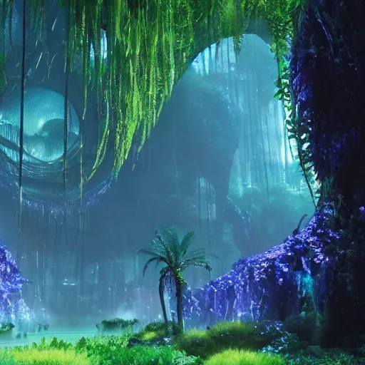 Prompt: a movie screen shot of a landscape from the james cameron's avatar movie, photorealistic, cinematic, glowing alien plants and vines, atmospheric