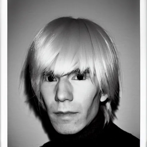 Image similar to Polaroid Portrait of Andy Warhol doing anime cosplay, taken in the 1970s, photo taken on a 1970s polaroid camera, grainy, real life, hyperrealistic, ultra realistic, realistic, highly detailed, epic, HD quality, 8k resolution, body and headshot, film still, front facing, front view, headshot and bodyshot, detailed face, very detailed face