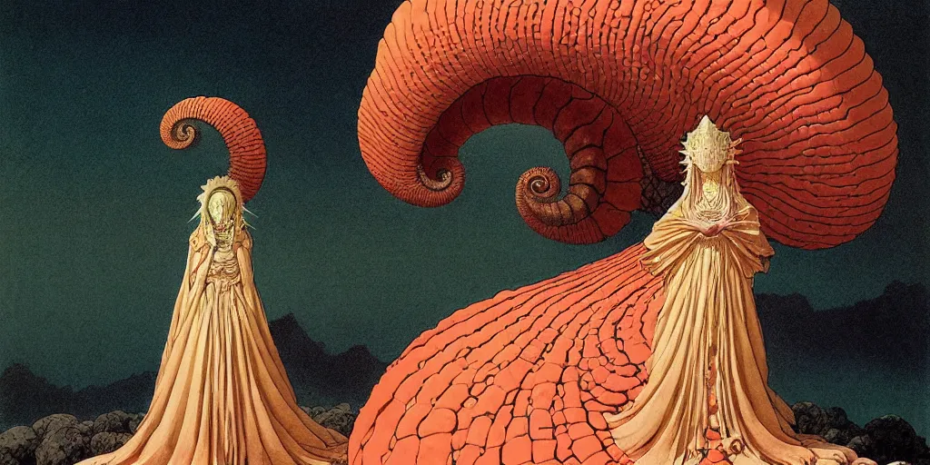 Prompt: portrait of the ammonite sorceress clad in coral armor exacts revenge, by kawase hasui, dorothea tanning, moebius, edward hopper and james gilleard, aivazovsky, zdzislaw beksinski, steven outram colorful flat surreal design