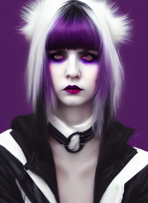 Image similar to portrait of white teenage girl, normal face, white bangs, mall goth, cyberlox, black and white hair, bangs, fluffy bangs, red contact lenses, purple lipstick, intricate, elegant, highly detailed, digital painting, artstation, concept art, sharp focus, smooth, illustration, art by wlop, mars ravelo and greg rutkowski