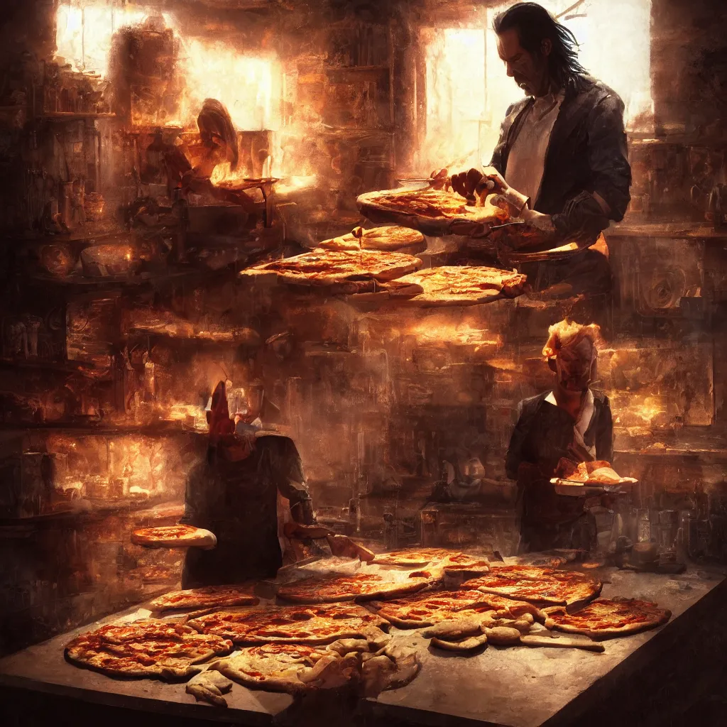 Image similar to a portrait of nick cave baking pizza, eerie colors, dramatic light, gorgeous view, depth, high detail, digital art, painted by greg rutkowski and seb mckinnon, trending on artstation