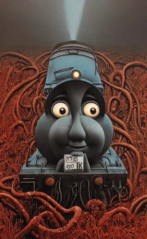 Image similar to thomas the tank engine in style of zdzisław beksinski, extremely dramatic lighting, 8 k, tendrils, black, darkness, black slime tendrils, infected, rust, body horror, thomas the train, thomas the tank engine face, horror,