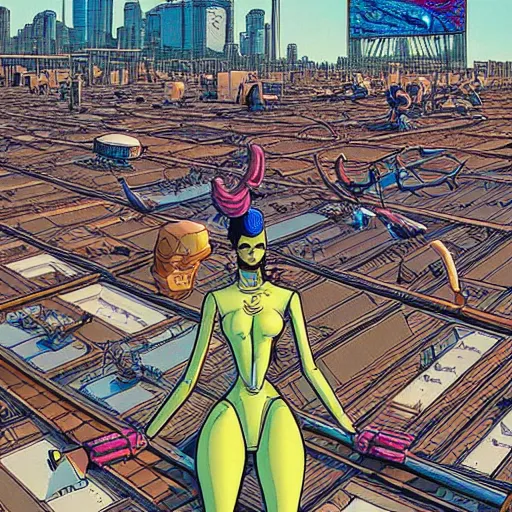 Prompt: a beautiful highly detailed futuristic mechanical lady, cyberpunk rooftop on jupiter, filled with people,, art by geof darrow,