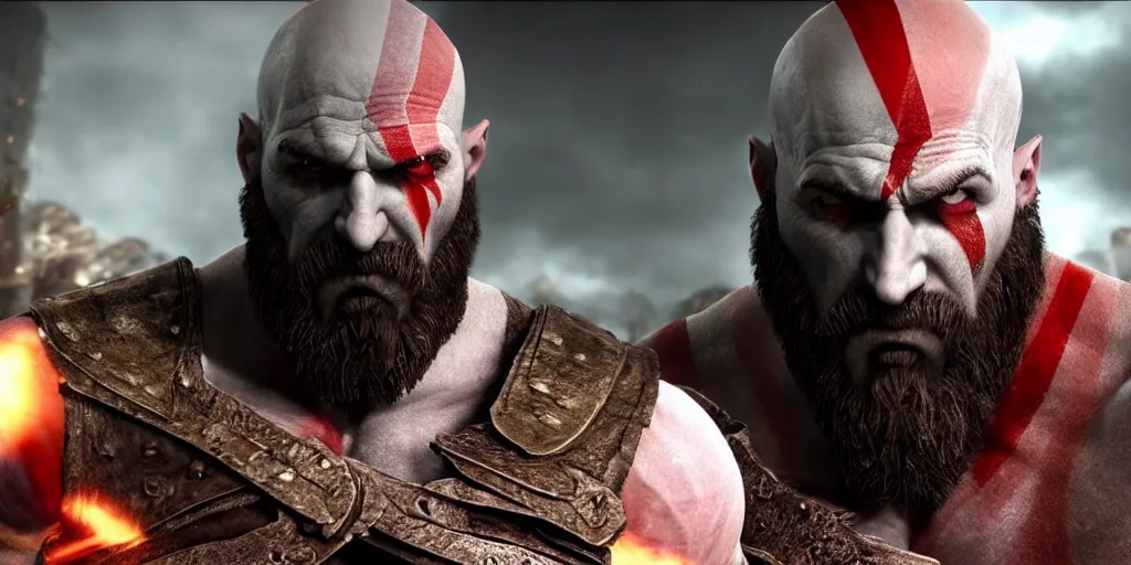 Image similar to kratos the god of war with a suit sitting in an office, cinematic composition and lighting