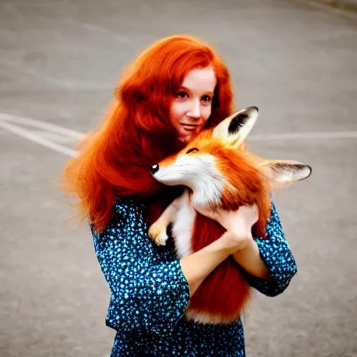 Image similar to portrait of a red haired woman, in 7 0 s clothes, holding a fox over her head while roller skating