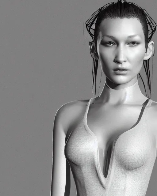 Prompt: a highly detailed metahuman 8 k close up render of bella hadid in iris van herpen victoria secret made in unreal engine 4