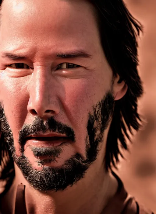 Image similar to close - up keanu reeves as a jedi, a red sand desert, moody lighting, 8 k, shallow depth of field, intricate detail,