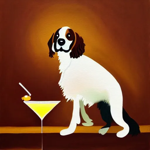 Image similar to painting of a brown and white spaniel at a smokey bar with a Martini, fine art, dots, brush marks, light effect
