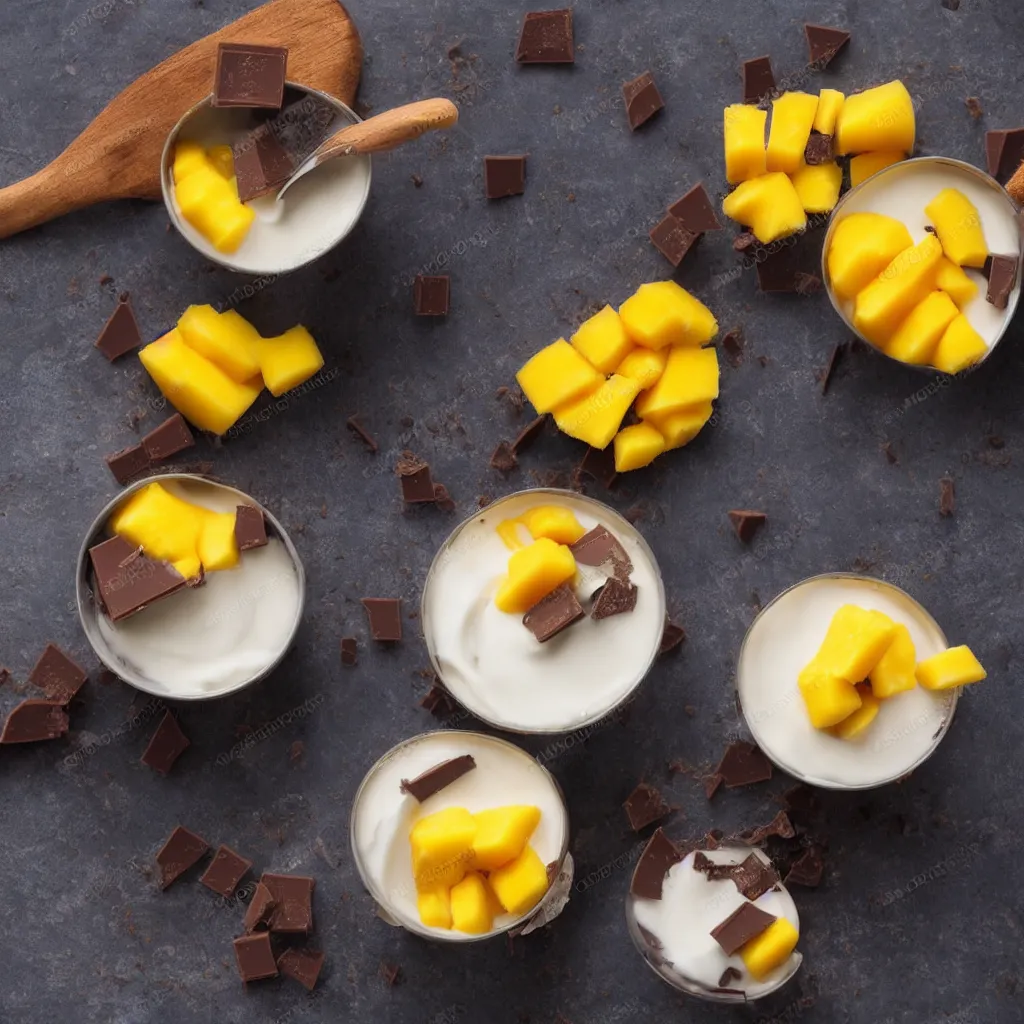 Prompt: Yogurt can with mango and chocolate flavor, studio photography,