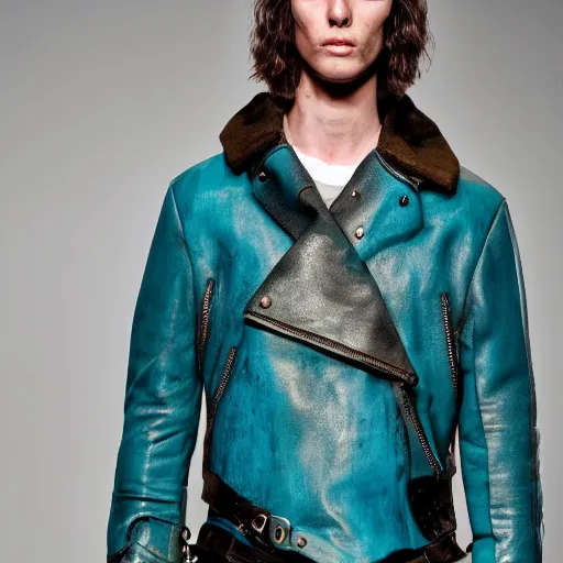 Image similar to an award - winning closeup editorial photo of a male model wearing a teal distressed baggy medieval leather menswear jacket by alexander mcqueen, 4 k, studio lighting, wide angle lens