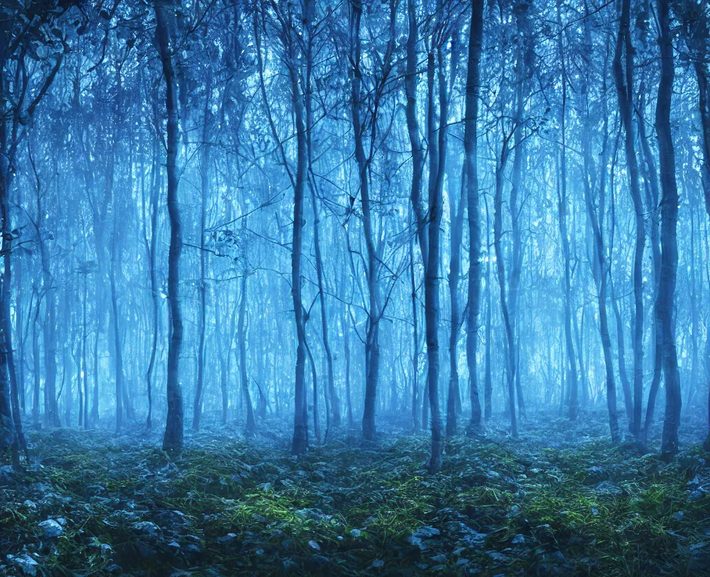 Prompt: blue forest, glowing mushrooms, macro lens, raytracing, hyperreal, digital art, highly detailed, artstation