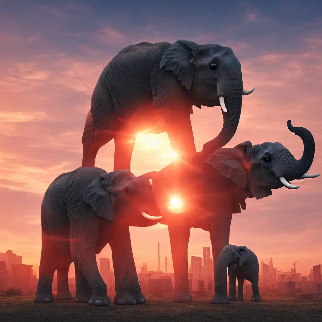 Prompt: A single elephant with lasers coming out of it's eyes, cyberpunk elephant in front of a sunset