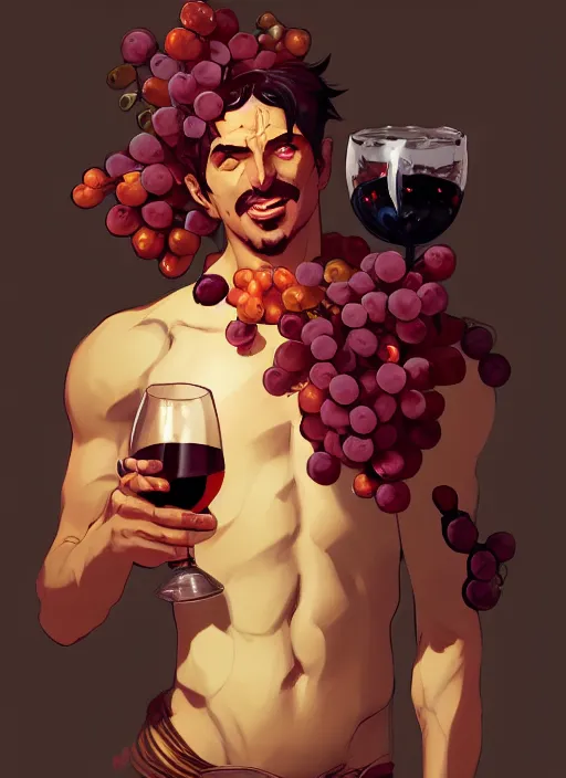 Prompt: Male Dionysus with wine and grapes, in the Style of Artgerm and Charlie Bowater and Atey Ghailan and Mike Mignola, vibrant colors and hard shadows and strong rim light, Comic Cover Art, plain background, trending on artstation
