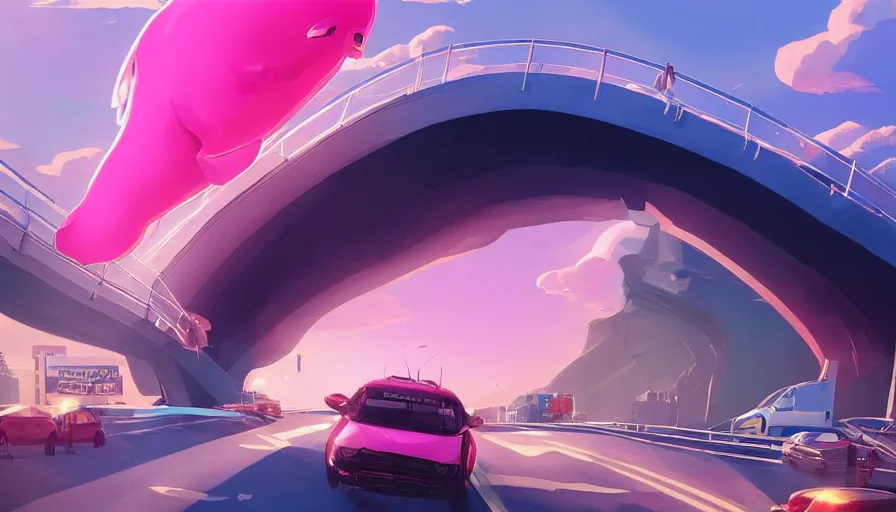 Prompt: a giant pink whale falling out of a blue sky onto cars on a busy bridge, cinematic lighting, artstation, establishing shot, wow