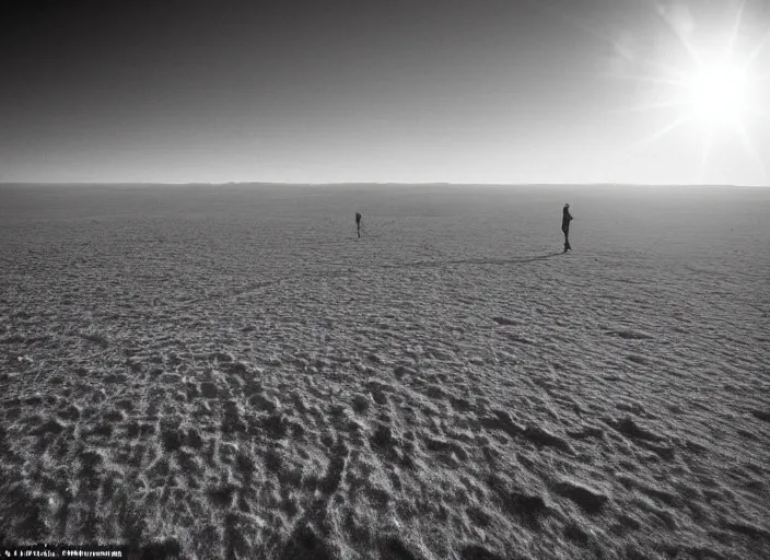 Image similar to 4D interdimensional beings enter the distant horizon leaving a trail of dust, POV looking at a vast landscape, awe inspiring, wide angle, cinematographic photo