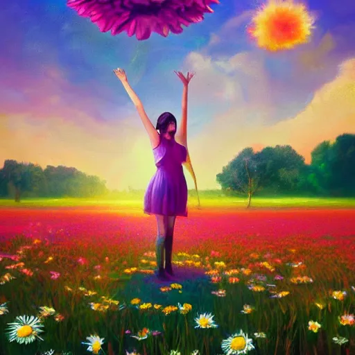 Image similar to giant daisy flower in front of head, full body girl dancing in a flower field, surreal photography, sunrise, dramatic light, impressionist painting, colorful clouds, digital painting, artstation, simon stalenhag