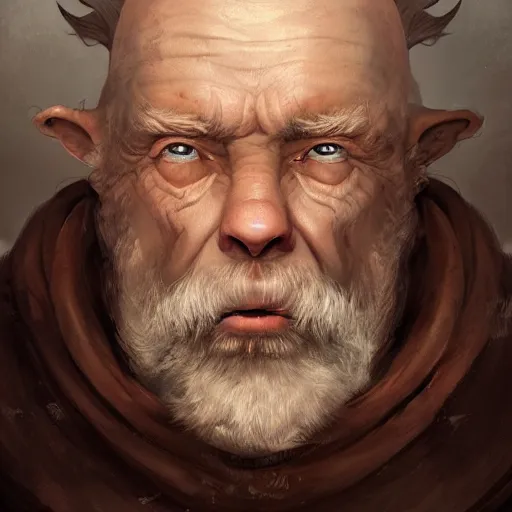 Prompt: a detailed matte head - on portrait painting of an ugly old hobbit man, with a large scar and missing teeth portrait by charlie bowater, lise deharme, wlop, tending on arstation, dungeons and dragon, dnd, pathfinder, fanart, oil on canvas