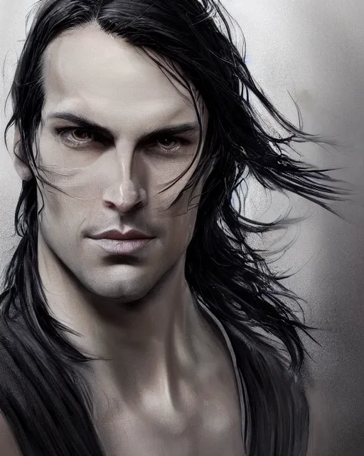 Image similar to portrait of tall, 3 3 - year - old handsome man with long dirty black hair, and grey eyes, wearing black clothes, smooth clear face, no beard, hyper realistic face, aristocratic appearance, beautiful eyes, character art, art by mark brooks, hyperdetailed, cryengine, trending on artstation, digital art