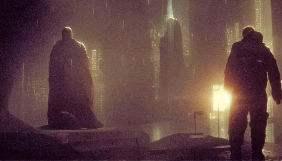 Image similar to screen shot of blade runner, astronaut priest talking to god, ambient lighting, cinematic, epic, demonic