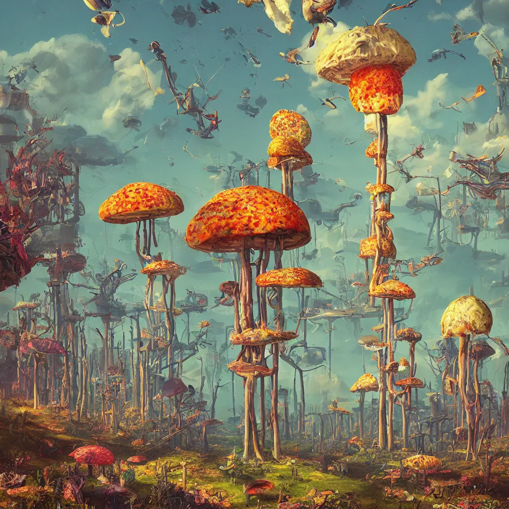 Prompt: a single! colorful!! fungus tower clear empty sky, a high contrast!! ultradetailed photorealistic painting by simon stalenhag and maria sibylla merian, hard lighting, masterpiece