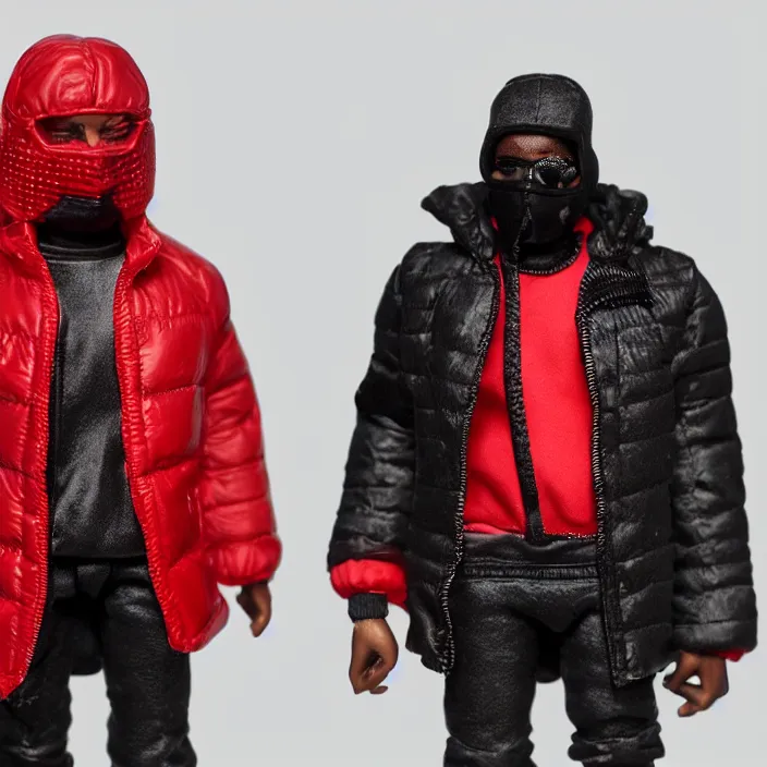 Prompt: a action figure of kanye west using full face - covering black mask with small holes. a small, tight, undersized reflective bright red round puffer jacket made of nylon. a shirt underneath. red nylon reflective pants. a pair of red shoes, figurine, detailed product photo, 4 k, realistic, acton figure, studio lighting, professional photo