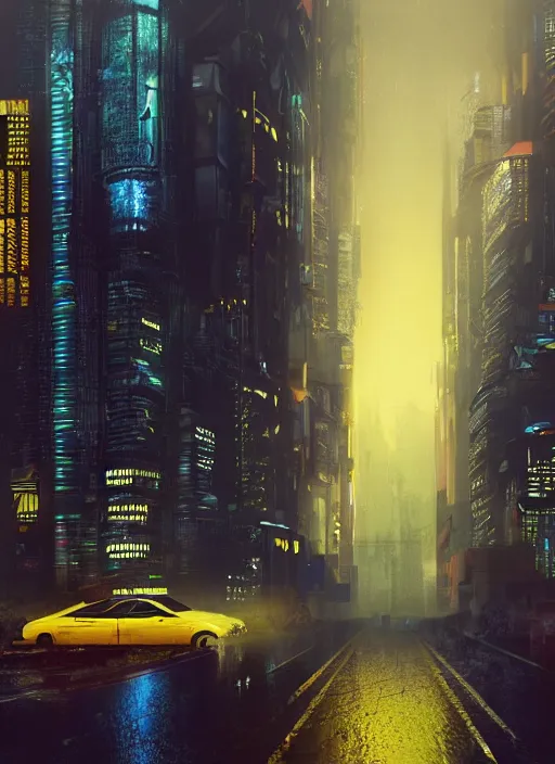 Image similar to a cyberpunk city, raining, mist by Denis Villeneuve, Trending on artstation, yellow scheme, 8k, wide-angle lens