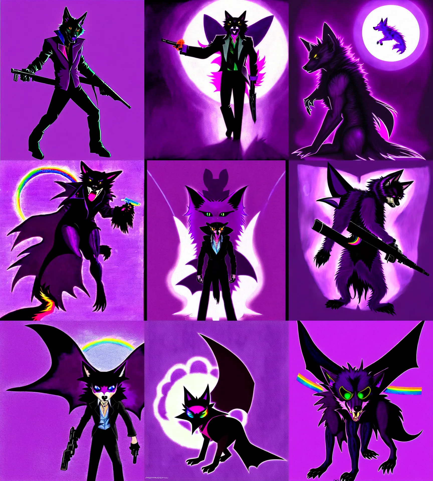 Image similar to a purple wolfbat fursona with an eyepatch and a long glowing rainbow tail, traversing a shadowy city, drawn in a neo - noir style, reminescent of max payne and ghost in the shell, style of purple rain album cover ( by prince ), dark colors