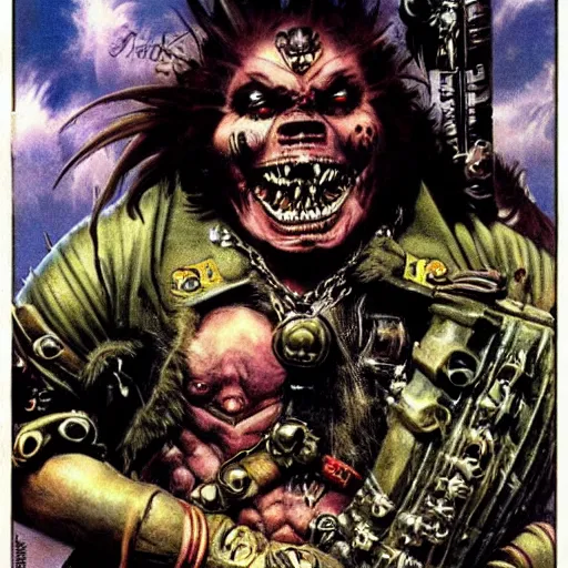 Image similar to Heavy metal Ork, Orkboy, Ork, 80s metal, mohawk, shaggy hair, New Wave of British Heavy Metal, Frank Frazetta, pulp art, illustration