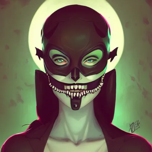 Prompt: a portrait of a girl skull face, catwoman, in the style of artgerm, charlie bowater, atey ghailan and mike mignola, vibrant colors and hard shadows and strong rim light, plain background, comic cover art, trending on artstation